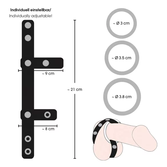 Bad Kitty - penisring og kuglering - justerbar læder - sort