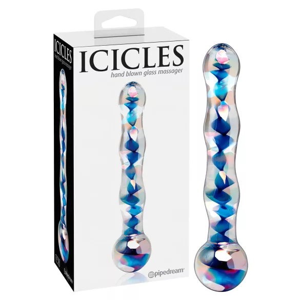 Icicles No. 08 - glasdildo dobbeltender bølget - gennemsigtig/blå