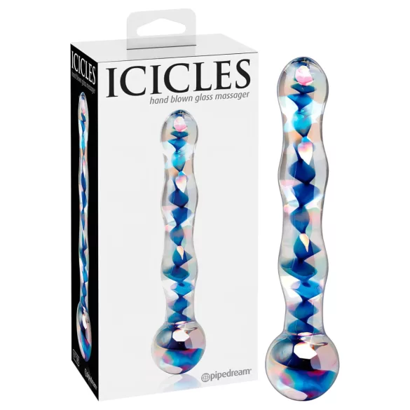 Icicles No. 08 - glasdildo dobbeltender bølget - gennemsigtig/blå