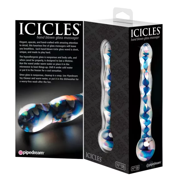 Icicles No. 08 - glasdildo dobbeltender bølget - gennemsigtig/blå