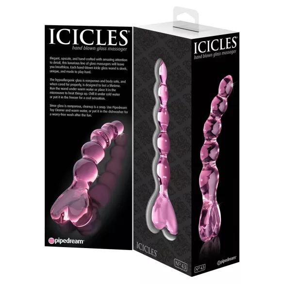Icicles No. 43 - glasdildo med perler og hjerte - pink