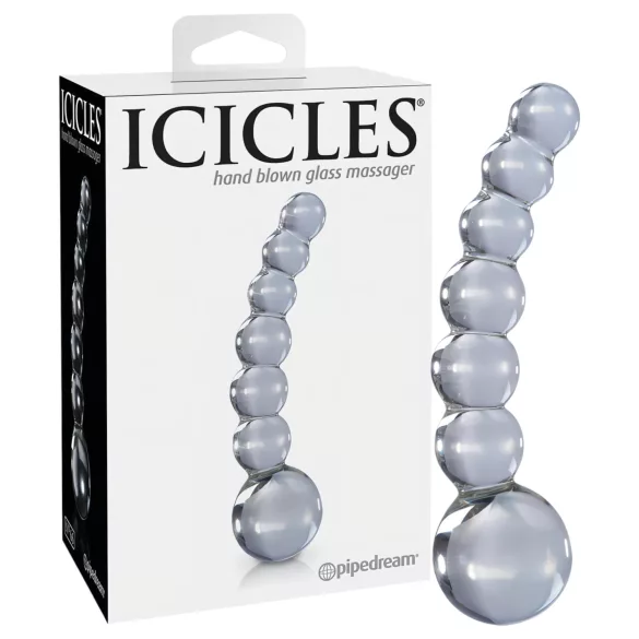 Icicles No. 66 - glasdildo med buet form og kugler - gennemsigtig
