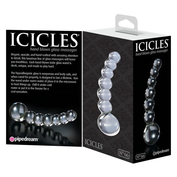 Icicles No. 66 - glasdildo med buet form og kugler - gennemsigtig