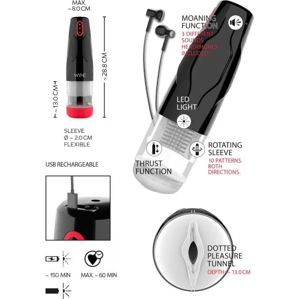 WYNE 05 - masturbator med rotation - genopladelig - sort/hvid