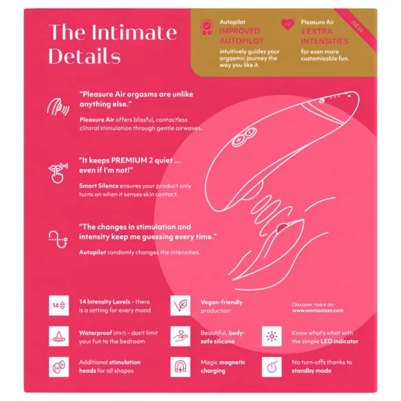 Womanizer Premium 2 - klitorisvibrator med lufttryksbølger - pink