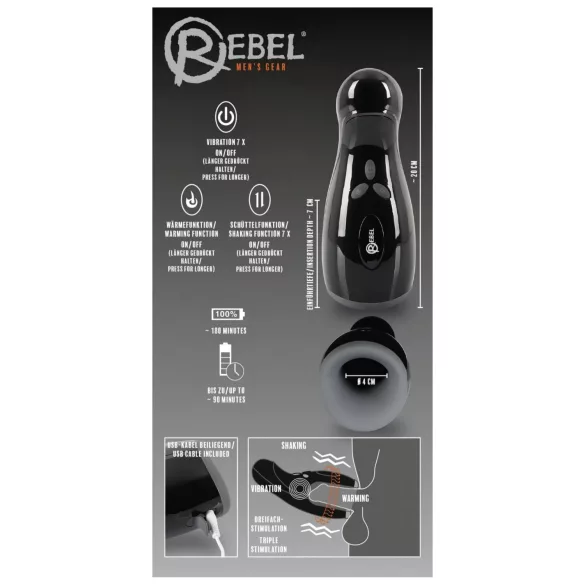 Rebel - masturbator med varme og vibration - bevægelig - sort