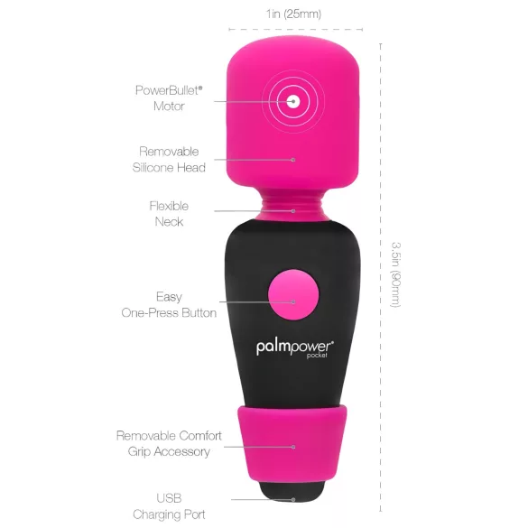 PalmPower - mini wand vibrator - kraftig massage - pink/sort