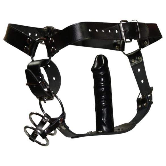 ZADO - læder tanga med dildo og 3 penisringe