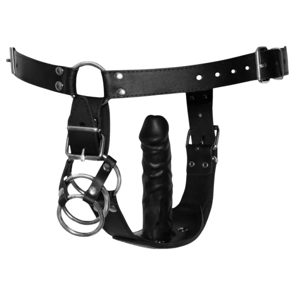 ZADO - læder tanga med dildo og 3 penisringe