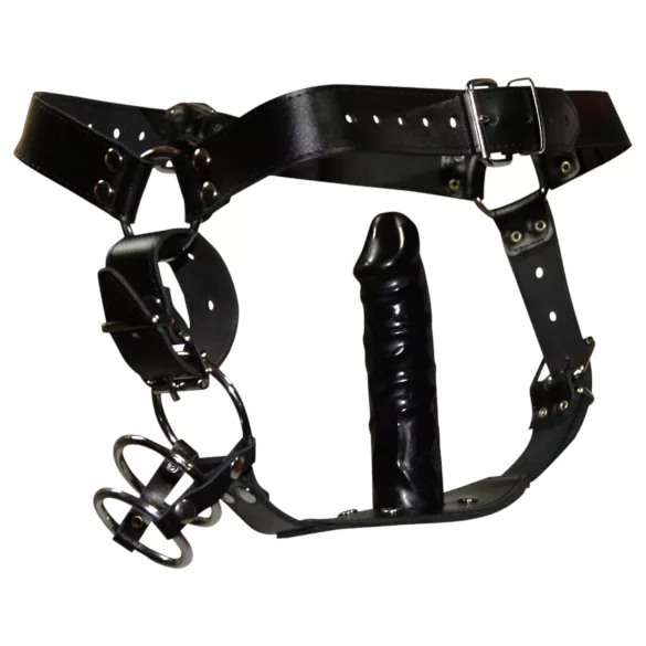 ZADO - læder tanga med dildo og 3 penisringe