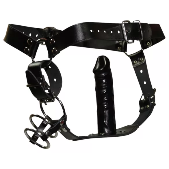 ZADO - læder tanga med dildo og 3 penisringe - L/XL