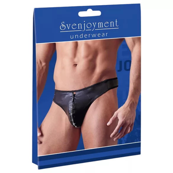Svenjoyment - herre tanga - blank med lynlås og strassten - sort - XL