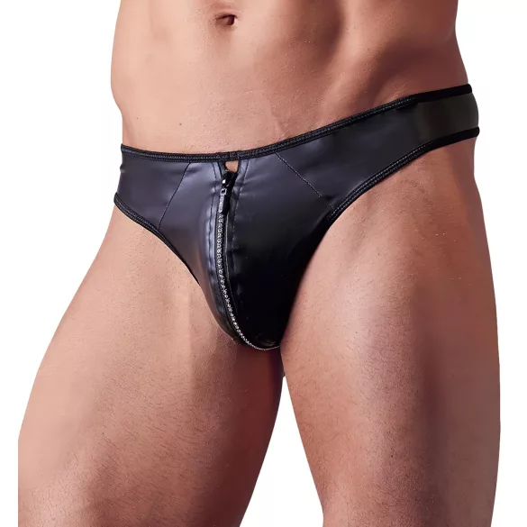 Svenjoyment - herre tanga - blank med lynlås og strassten - sort - XL