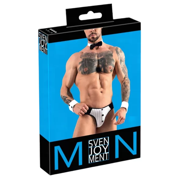 Svenjoyment - herre tjener tanga kostumesæt - sort/hvid - L