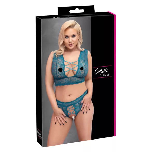 Cottelli Curves - korset blonde undertøjssæt (blå)