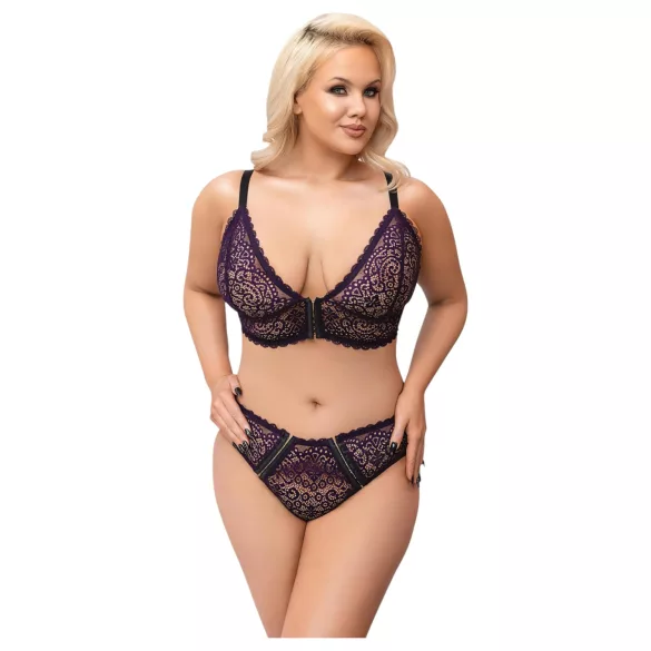 Cottelli Plus Size - gennemsigtigt mønstret bh-sæt (lilla) - 2XL