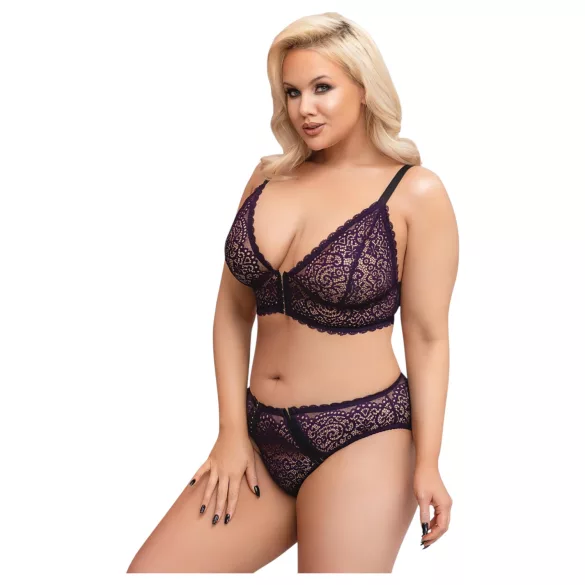Cottelli Plus Size - gennemsigtigt mønstret bh-sæt (lilla) - 2XL