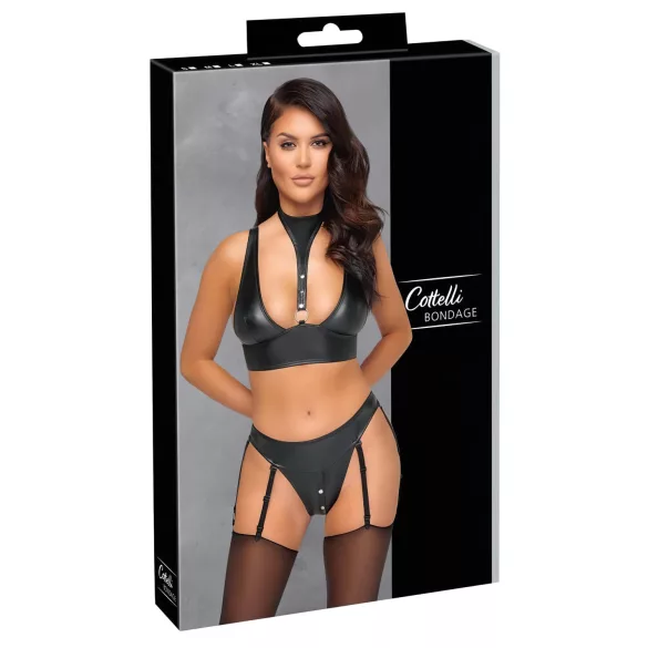 Cottelli Bondage - skinnende BH-sæt med manchetter (sort) - M