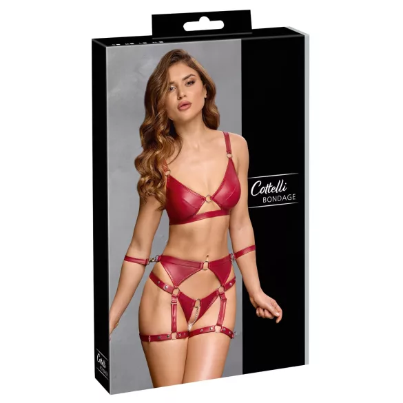 Cottelli Bondage - Skinnende bh-sæt & håndjern (rød) - M