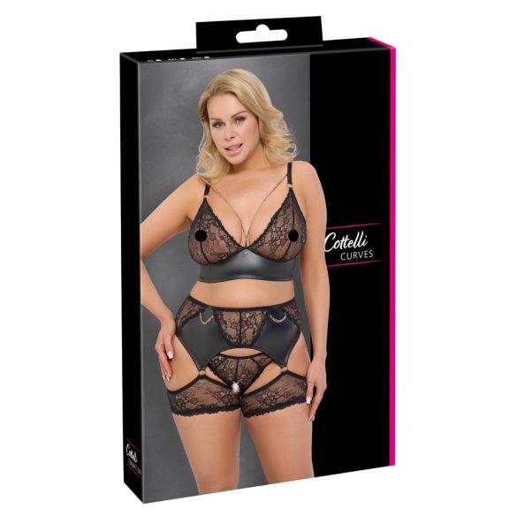 Cottelli Curves - bh sæt - blonde og læderdetaljer - sort - 2XL