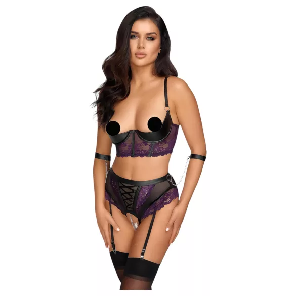 Cottelli Bondage - bh‑sæt og armmanchetter (sort-lilla) - M