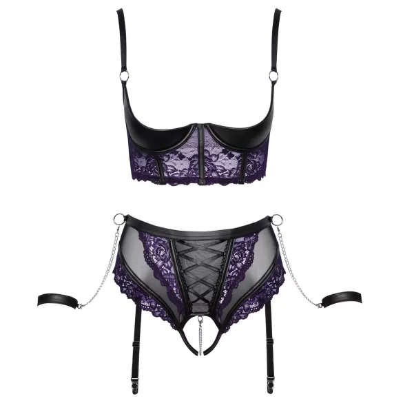 Cottelli Bondage - bh‑sæt og armmanchetter (sort-lilla) - M