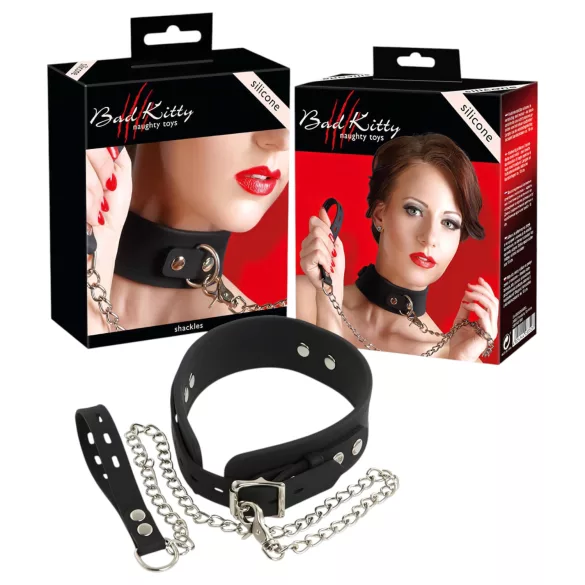 Bad Kitty - halsbånd og hundesnor - silikone - sort