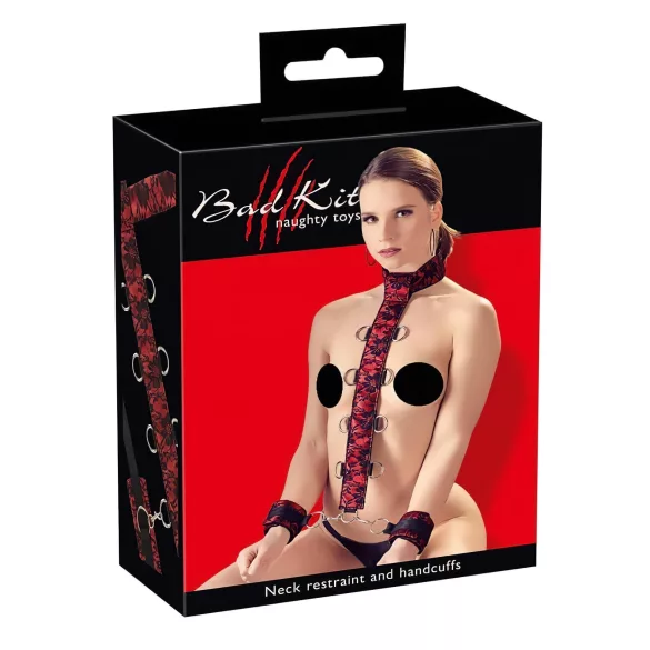 Bad Kitty - bondage sæt med hånd- og halsmanchetter - rød/sort
