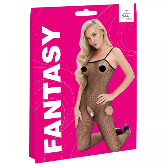 Cottelli Fantasy - net catsuit med åbent skridt og udskæringer ved hofterne (sort) - S-L