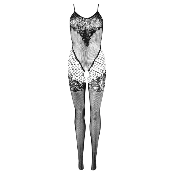 Cottelli Fantasy - netcatsuit med strømpeholdere og åbent skridt (sort) - S-L