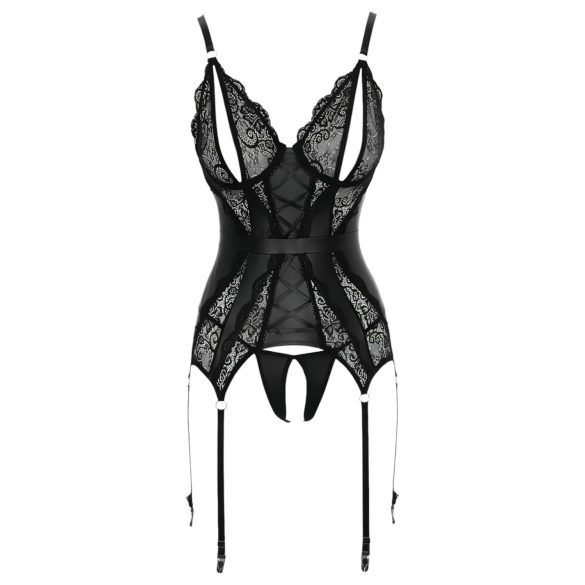 Cottelli - lingerisæt med blonde - åben top og g-streng - sort - XL