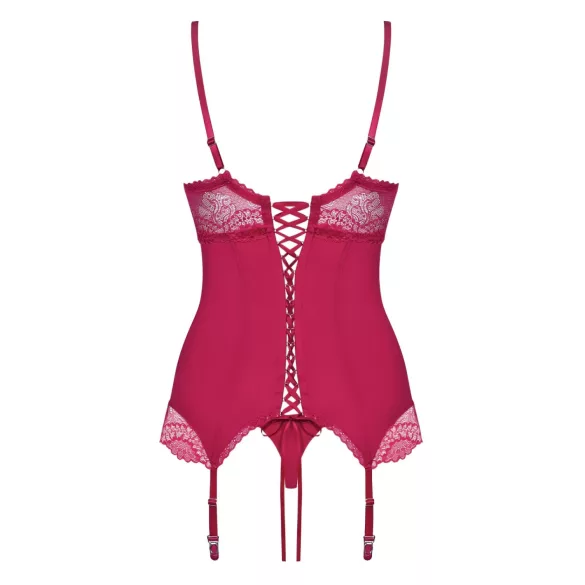 Obsessive Rosalyne - snørekorset top med strømpeholder og g-streng (purpurrød) - S/M