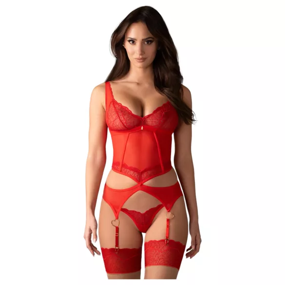 Obsessive - lingerisæt - gennemsigtig blonde - rød - L/XL