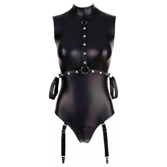 Cottelli Bondage - body uden ærmer og håndjern - wetlook - sort