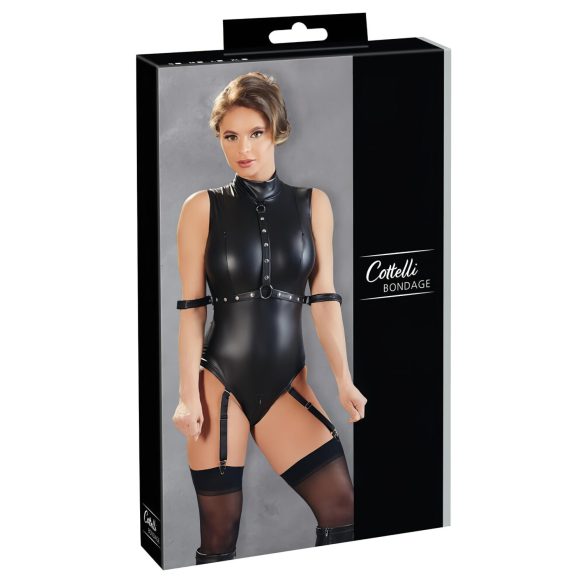Cottelli Bondage - ærmeløs glansbody & håndjern (sort) - M