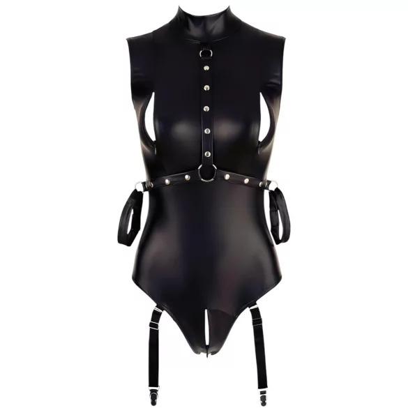 Cottelli Bondage - body uden ærmer og håndjern - wetlook - sort - L