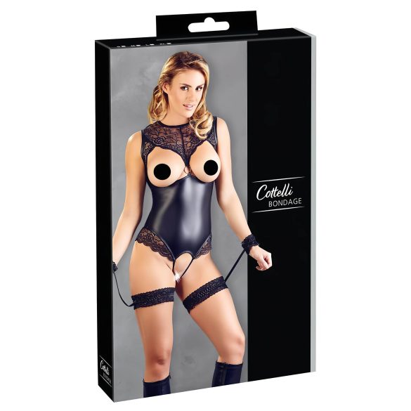 Cottelli Bondage - skinnende åben body med håndjern (sort) - L