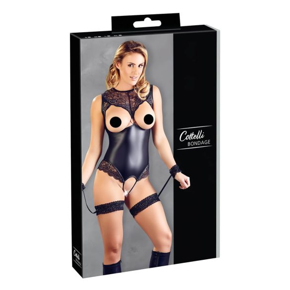 Cottelli Bondage - skinnende åben body med håndjern (sort) - L