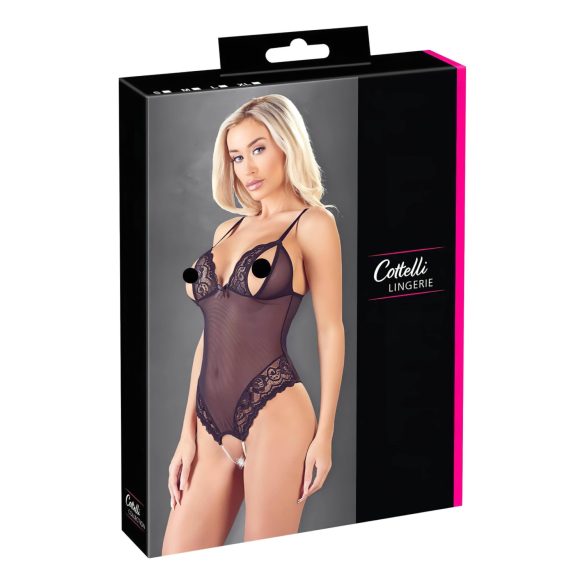Cottelli - Sort blonder & perler bodysuit med åbning - XL