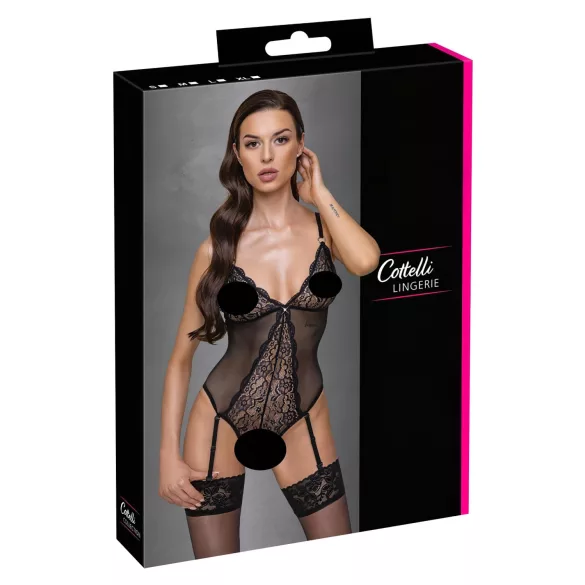 Cottelli - bodystocking med hofteholder - blondedetaljer - sort