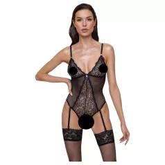   Cottelli - bodystocking med hofteholder - blondedetaljer - sort - M