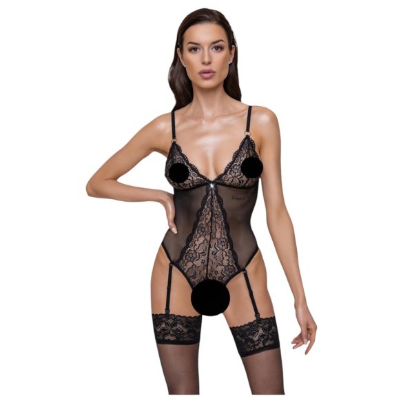 Cottelli - bodystocking med hofteholder - blondedetaljer - sort - M