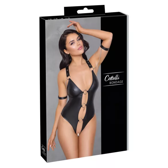 Cottelli Bondage - åben body med ringe - skinnende sort - M