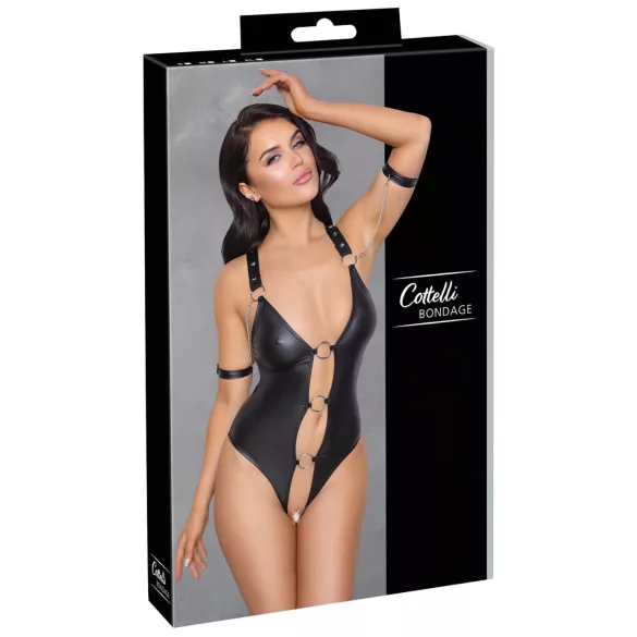 Cottelli Bondage - åben body med ringe - skinnende sort - M