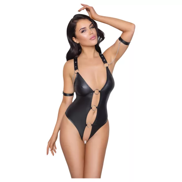 Cottelli Bondage - åben body med ringe - skinnende sort - XL