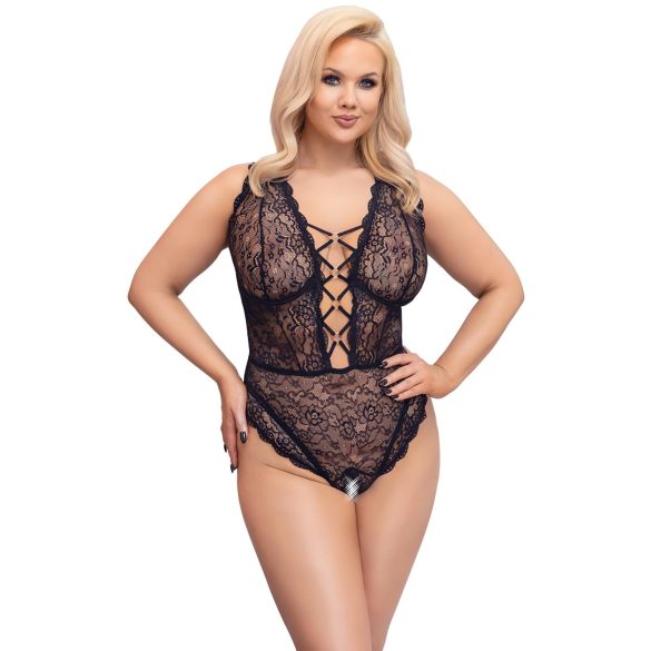Cottelli Curves Plus Size - gennemsigtig mønstret bodystocking - sort - 90D/XL