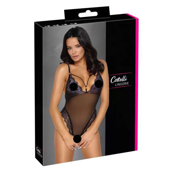 Cottelli - åben blondebody med broderi - sort/lilla - XL