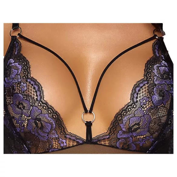 Cottelli - åben blondebody med broderi - sort/lilla - XL