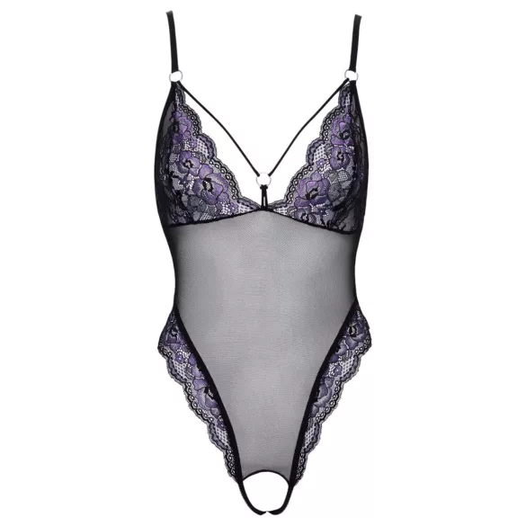 Cottelli - åben blondebody med broderi - sort/lilla - XL