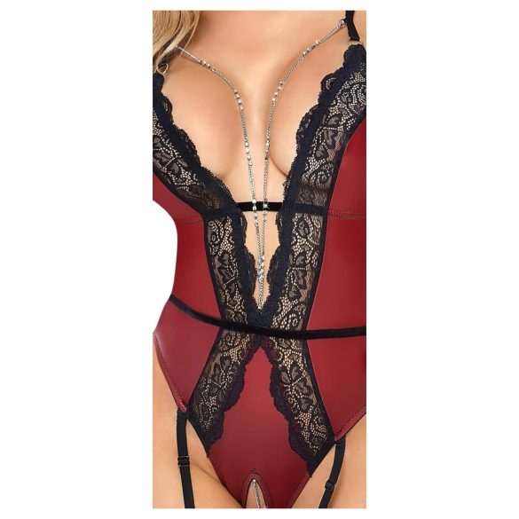 Abierta Fina - åben bodystocking med hofteholder (sort-rød)